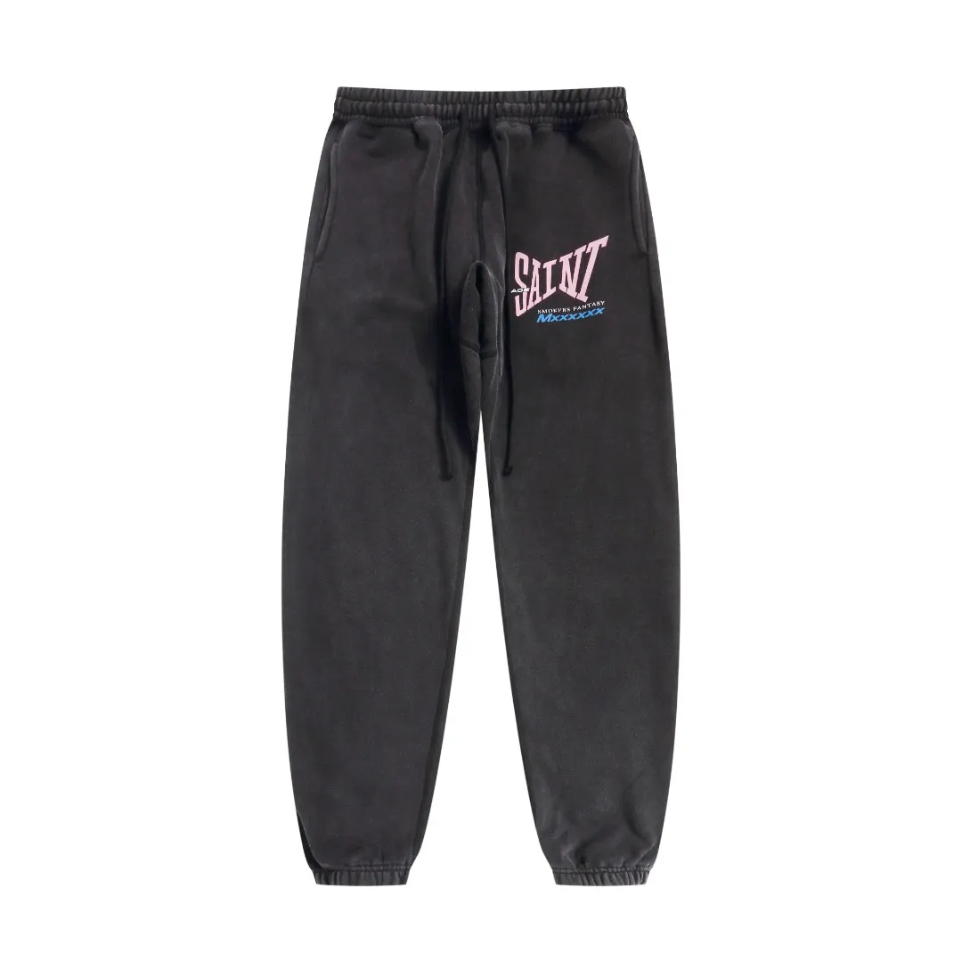 Stylish Saint Michael "SMOKERS FANTASY" letter print washed distressed lace-up loose-fitting velvet sweatpants Style number: SM639 Size: S-M-L-XL Color: black-light blue Price: P236